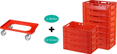 Produktbild von 12 Stück E1-Kasten rot + 1 Transportroller mit vier Lenkrollen rot