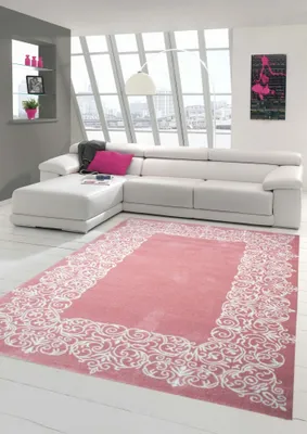 Produktbild von Designer Teppich Moderner Teppich Wohnzimmer Teppich Kurzflor Teppich mit Bordüre Pastellfarben Rosa Creme Größe - 140 x 200 cm