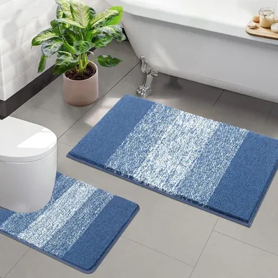 Productafbeelding van Badmatset, 2-delig, hoogpolige microvezel, blauw, 50 x 80 cm + 50 x 60 cm