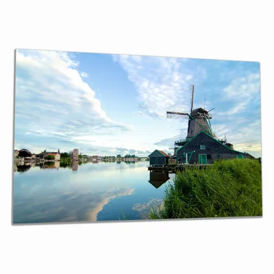 Produktbild von Wallario Herdabdeckplatte aus Glas, Größe 80 x 52 cm 1-teilig, Motiv Alte Windmühle an einem Fluss
