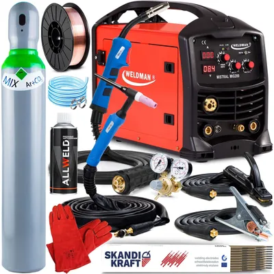 Produktbild von Weldman Mistral MIG 200 - 200A MIG MAG Schutzgasschweißgerät von 2 Gasflaschen mit 2 Schweißbrennern - WIG und MMA Schweißmodi - Set Professional