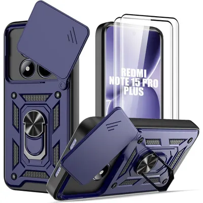 Image de Coque Antichoc + 2 Verres Trempés pour Xiaomi Redmi Note 15 Pro Plus 5G, avec Cache Caméra - Bleu Marine