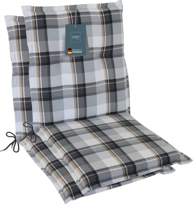 Produktbild von LILENO HOME Gartenstuhl Auflagen als [2er Set - Niedriglehner] in Karo Grau - bequeme Liegen als Sitzauflagen für Gartenmöbel - Stuhlkissen für Gartenstühle und Klappstühle