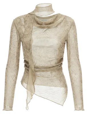 Produktbild von Damen Mesh Bluse beige Größe S mit Wasserfallausschnitt und asymmetrischem Schnitt