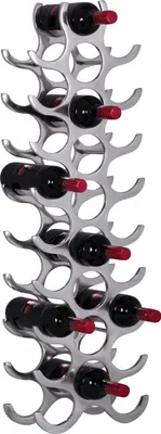 A silver wine rack holding several bottles of wine.
