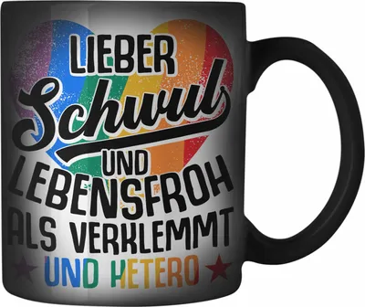 Produktbild von Trendation - LGBT Farbwechsel Zauber-Tasse Geschenk für Schwule Lesben Transgender Regenbogen Lustige Grafik Regenbogen LIeber Schwul Und Hetero Als Verklemmt und Hetero (Schwarz)