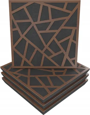 A stack of four square acoustic wall panels with a geometric wooden overlay on a dark background.