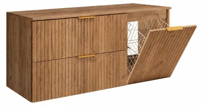 Obrázek produktu pro Sada koupelnového nábytku se zásuvkou na prádlo a policí, zlaté úchytky, Imitace "Craft Oak", šířka 120 cm