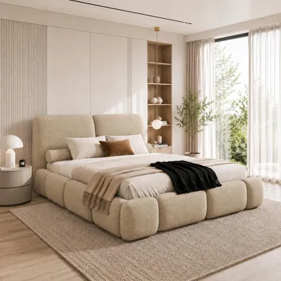 Produktbild von Polsterbett AURIO mit Bettkasten, Bett 160x200, Doppelbett mit Stauraum und Lattenrost, Boxspringbett-Optik, ohne Matratze, Schlafzimmer - Beige