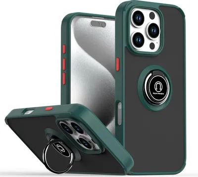 Produktbild von Hülle für iPhone 16 Pro Matte Transluzent TPU Stoßfest Schutzhülle mit Ring Halter Ständer dunkelgrün