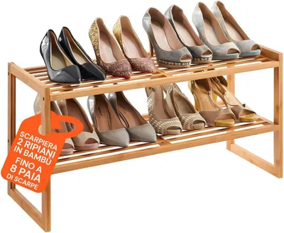 Image de Étagère à chaussures en bambou, dimensions 70 x 27 x 28 cm, avec 2 étagères, pour 4 paires de chaussures, idéale pour l'entrée