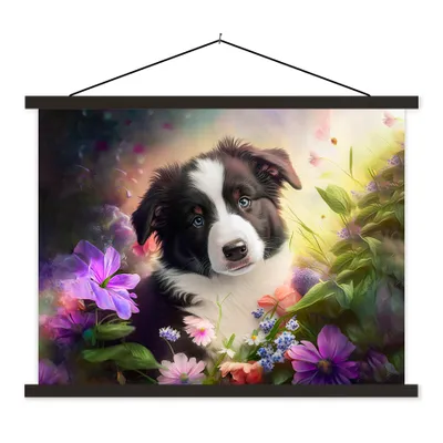 Produktbild von MuchoWow® Textilposter Welpe - Sonne - Blumen - Natur - Border Collie - Hund 150x113 cm mit schwarzem Rahmen - Wohnzimmer