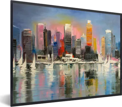 Produktbild von MuchoWow® Gerahmtes Poster Gemälde - Öl - Skyline - Wasser 80x60 cm - Poster mit Schwarzem Bilderrahmen Wandposter Rahmen Foto Bilder - Schwarzem - Mit Gestell