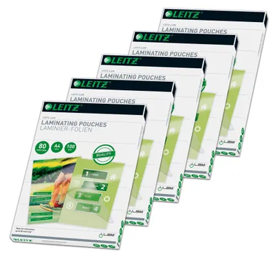Productafbeelding van Leitz warmtelamineerfolie, A4, 80 micron, 5 verpakkingen à 100 stuks, hoogwaardige lamineerfolie