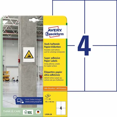 Zdjęcie produktu dla Avery L7876-20, Biały, Zaokrąglony prostokąt, Na stałe, Papier, 4 szt., 20 ark.