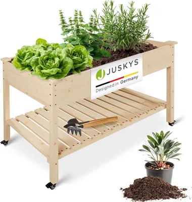 Produktbild von Juskys Hochbeet Freya mit Rädern - aus Holz, mit Vliesstoff & Ablagefläche für Balkon & Garten