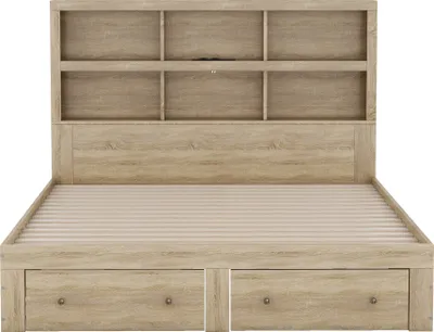 Produktbild von okwish Doppelbett 160*200cm, Massivholz, Bettrahmen mit zwei Schubladen , Funktionsbett Kopfteil mit Stauraum, Natur