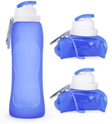 Obrázok produktu pre Ľahká, prenosná, silikónová fľaša na vodu – 500 ml, modrá, s karabínkou, opakovane použiteľná