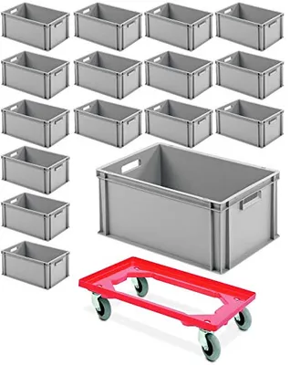 Produktbild von 16x Eurobehälter mit 2 Durchfassgriffen, LxBxH 600x400x280 mm, grau PLUS GRATIS Transportroller mit Flüsterrollen