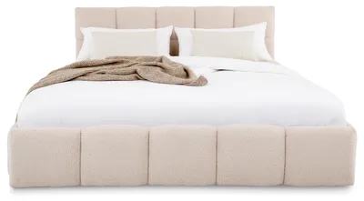 Produktbild von Polsterbett CLOUDY gepolstert 180 x 200 cm, Beige – modernes Doppelbett mit Bouclé Stoffbezug, inklusive Lattenrost und Rückenlehne, gepolstertes Kopfteil