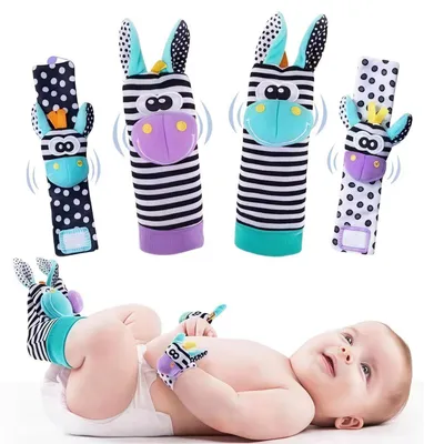 Produktbild von Baby Rasselsocken und Handgelenk-Rasseln 4er Set 0-12 Monate Lernspielzeug