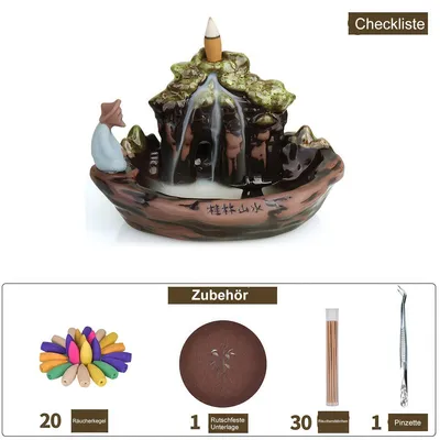 Produktbild von Räucherstäbchenhalter Rückfluss, Weihrauchbrenner mit 20 Rückfluss-Räucherkegeln, Wasserfall-Räuchergefäß, 15 x 15,5 x 20 cm