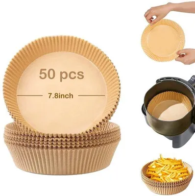 Zdjęcie produktu dla Zestaw papieru do pieczenia do frytkownicy powietrznej, 50 sztuk, okrągły, 20 cm, nieprzywierający, wodoodporny, odporny na tłuszcz, jednorazowe wkłady papierowe do frytkownicy powietrznej, piekarnika i kuchenki mikrofalowej