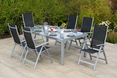 Produktbild von Merxx Gartenmöbelset "Carrara" 7tlg. mit Tisch 190 x 100 cm - Aluminiumgestell Silber mit Textilbespannung Schwarz