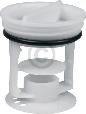 A white plastic drain filter for a washing machine.