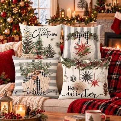Image de Lot de 4 housses de coussin de Noël, 45 x 45 cm, couleurs variées, mélange de lin, pour décoration de canapé ou de chambre