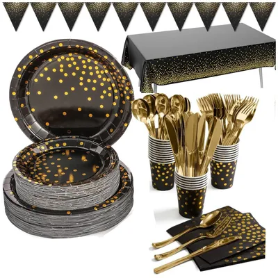 Image de Ensemble de 142 pièces de vaisselle noire et dorée pour fêtes