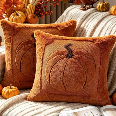 Produktbild von Kissenbezug Herbst 50x50 cm Plüsch Kürbis Braun 2 Stück