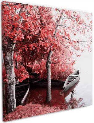 Produktbild von Wallario Premium Leinwandbild Romantische Bootsanlegestelle in rot-weiß in Größe 50 x 50 cm