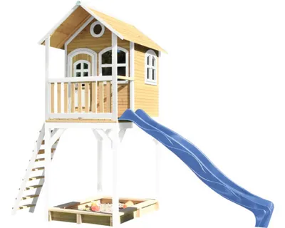 Produktbild von AXI Spielhaus Romy mit Sandkasten & blauer Rutsche | Stelzenhaus in Braun & Weiß aus  Holz für Kinder | Spielturm für den Garten