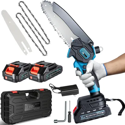 Mini-Akkukettensäge 15 cm, 4000 mAh, 2 Akkus, automatische Ölung