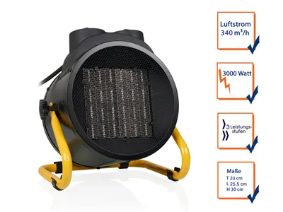 A black industrial heater with a yellow stand, shown with feature callouts.