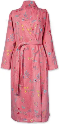 A pink floral bathrobe is shown front and center against a white background.