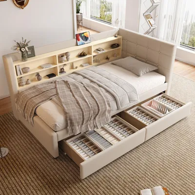 Immagine prodotto di Abrihome daybed 90×200 cm, divano letto in lino con 2 cassetti, USB e Type-C, vani portaoggetti, letto con rete a doghe - Beige