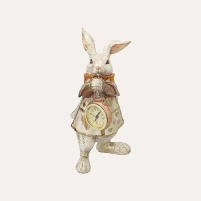 Immagine prodotto di KEYHOMESTORE | Bianconiglio con Orologio in Resina Bianco e Oro H.24 cm