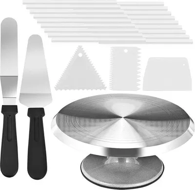 Produktbild von Drehbares Tortenbrett aus Aluminiumlegierung, set mit 2 Eckenpallets, 3 Teigreißern und 18 Tortenstützen