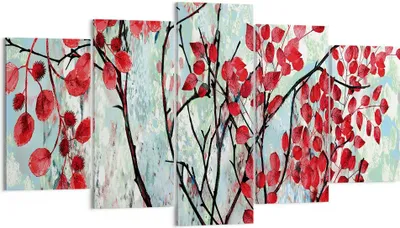 Produktbild von Bild auf Leinwand - Leinwandbild - 5 Teile - Rot Blätter Zweige - 160x85cm - Wand Bild - Wanddeko - Wandbilder - Leinwanddruck - Bilder - Wanddekoration - Leinwand bilder - Wandbild - EA160x85-4508