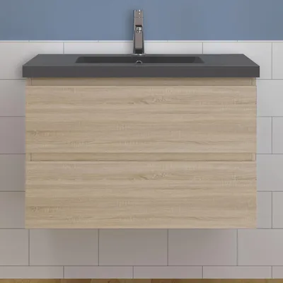 Produktbild von Waschtisch mit Unterschrank 80cm Alast Badmöbel Set Eiche Waschbecken Dunklegrau mit Unterschrank MDF Softclose