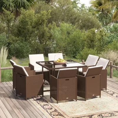 Produktbild von ZMH 9-tlg. Garten-Essgruppe mit Kissen Poly Rattan Braun