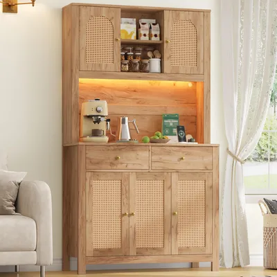 Produktbild von Flieks Küchenschrank mit LED-Beleuchtung, Steckdosen, Vorratsschrank mit 5 Rattantüren, 2 Schubladen, Hochschrank für Wohnzimmer, Esszimmer, Natur