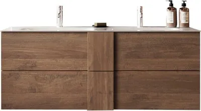 Image de Meuble de salle de bain suspendu FRASSI – 2 vasques, 2 tiroirs – Coloris chêne clair – Design moderne