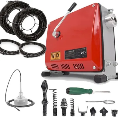 Obrázek produktu pro 39,5metrový spirálový had s 8 hlavicemi, zařízení pro čištění potrubí, 500W, 450 otáček za minutu, pro potrubí o průměru 30-100 mm. Elektrický čistič potrubí, nástroj pro čištění odpadů, vhodný pro kanalizace a vany