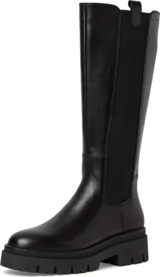 A black leather boot on a white background.