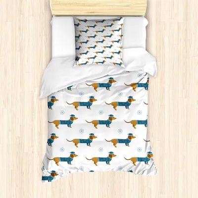 Image de ABAKUHAUS Ensemble housse de couette Teckel, dessin animé hivernal Teckel en pull et flocons de neige, 135 x 200 cm + 80 x 80 cm, gingembre turquoise foncé
