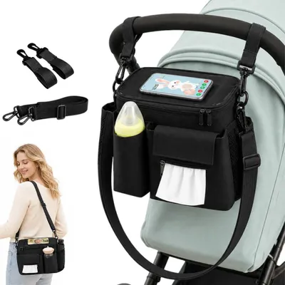 Imagen del producto de Organizador para cochecito con cremallera, portavasos, compartimento para el teléfono, color , ideal para llevar de viaje
