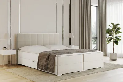 Produktbild von MEBLINI Boxspringbett mit Bettkasten - Gepolstert Doppelbett mit Matratze und Topper - Polsterbett mit Stauraum - Bett mit Kopfteil - Stauraumbett - CHANDON - 180x200 - H3B/Creme Samt